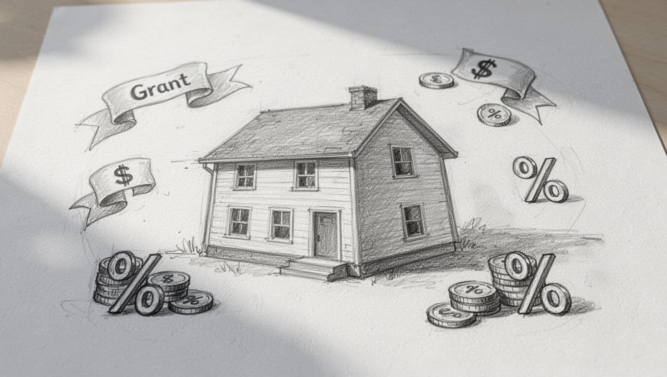 Hand-drawn graphite sketch on white paper depicting icons for KfW 430 and 431 grants up to 50,000 Euro, BEG-EM energy efficiency subsidies up to 80%, with a renovated house, euro notes, and percentage signs.