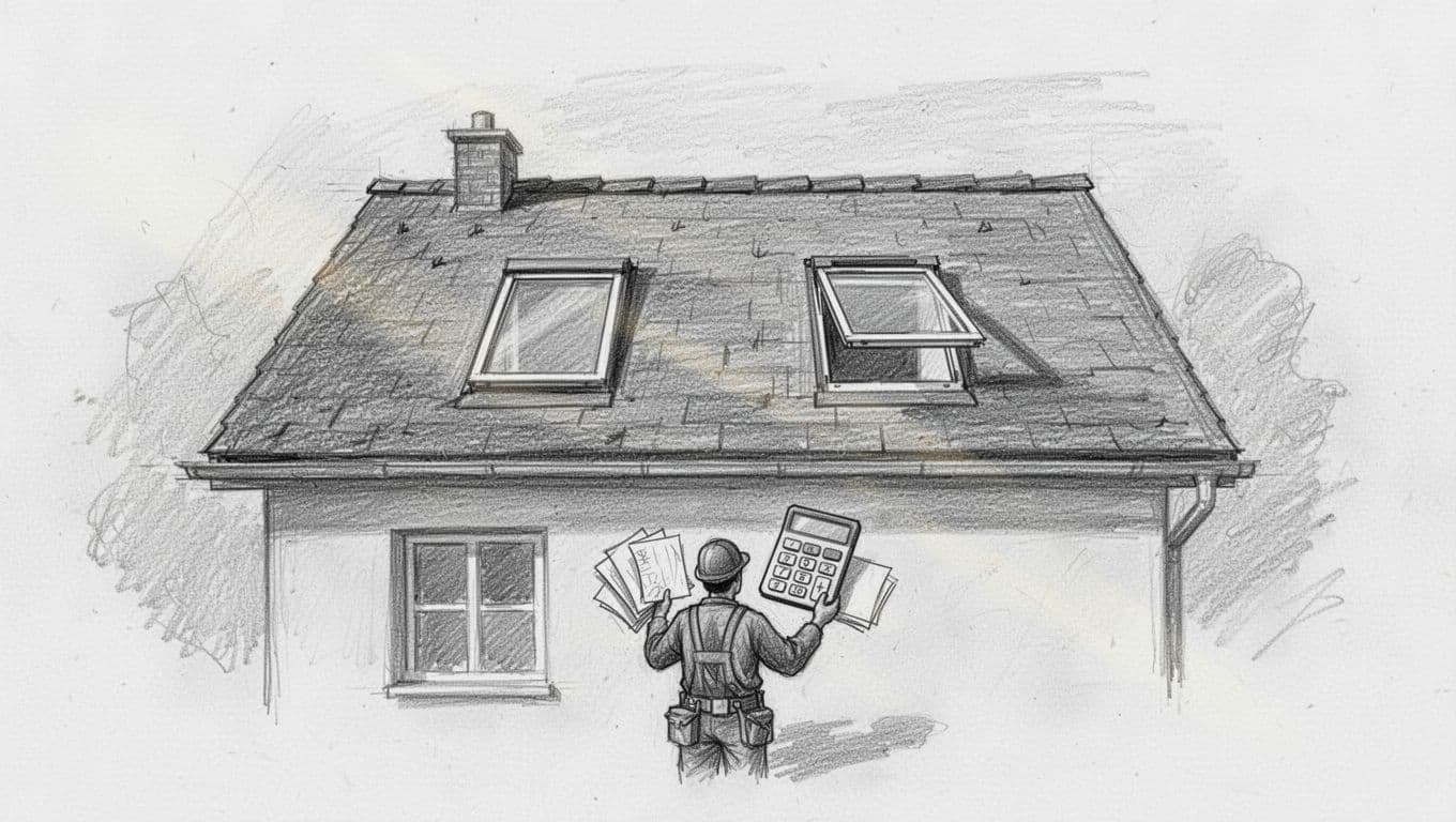 Hand-drawn graphite sketch depicting funding options for roof window retrofit, including icons for low-interest loans, tax savings calculator, regional grants, and a professional installer working on a house roof with two windows against a clean white background.
