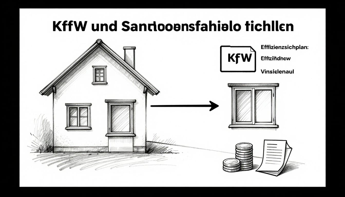 Hand-drawn graphite sketch on a clean white background depicting a simple house elevation undergoing window replacement, with an arrow roadmap from old inefficient windows to Effizienzhaus levels, including KfW funding symbols like stacked coins and a document folder.