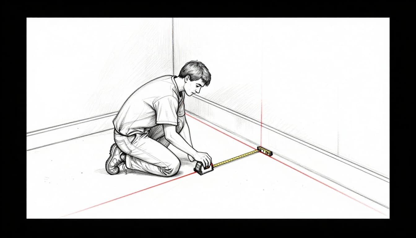 Hand-drawn graphite sketch of one person kneeling on concrete floor using laser level with red line and tape measure to mark straight guidelines on floor and adjacent wall for Trockenbauwand frame, simple tools nearby, side corner view.