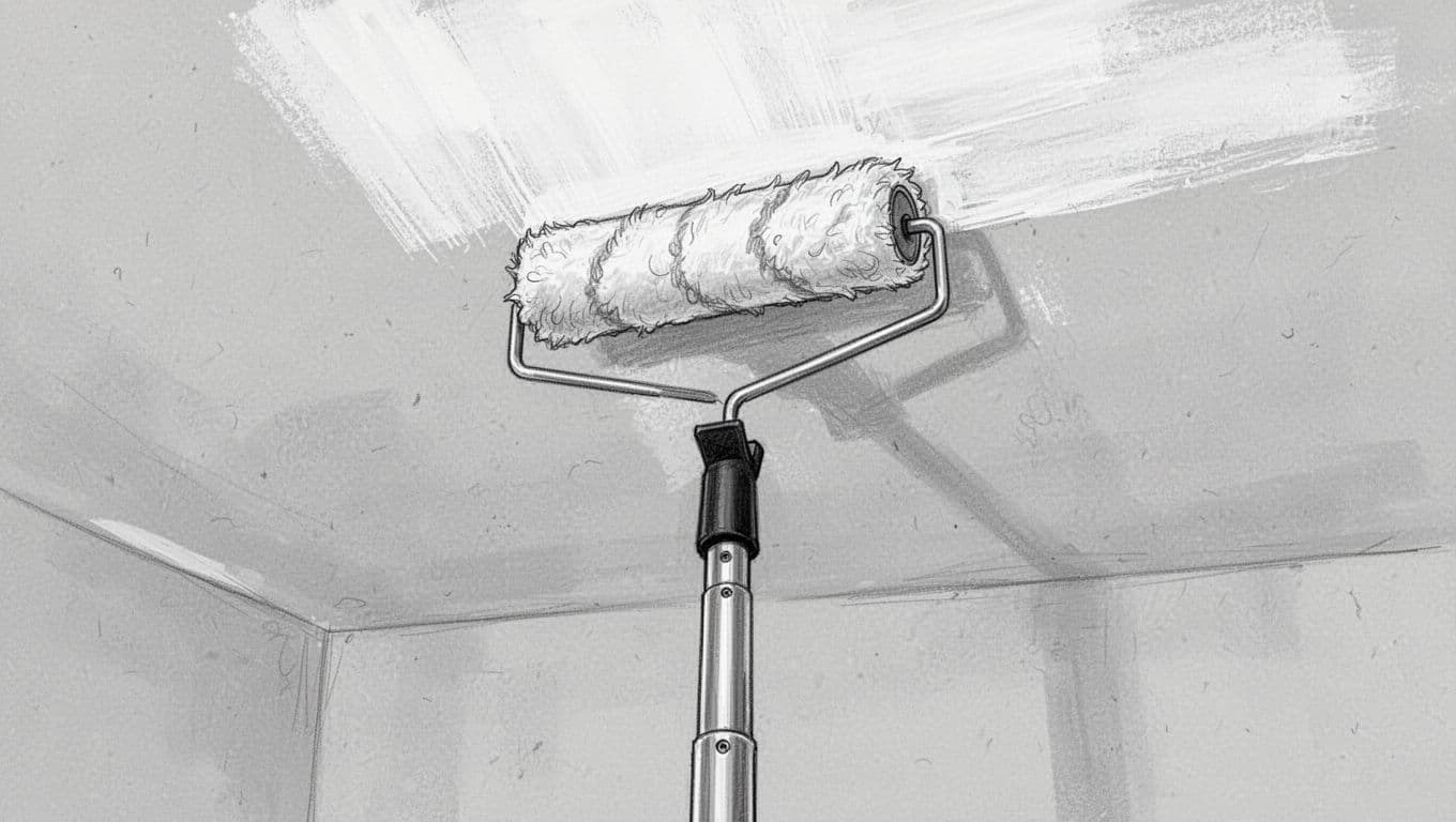 Hand-drawn graphite sketch of a lambskin paint roller attached to an aluminum telescopic extension pole, evenly applying white paint to a smooth ceiling surface from below.