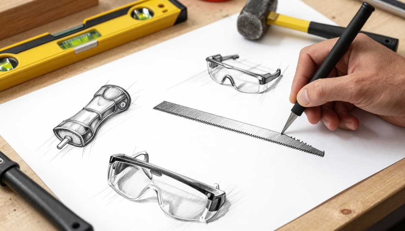 Hand-drawn graphite sketch of essential laminate laying tools on a workbench, including hand saw, rubber mallet, tape measure, spirit level, knee pads, and emphasized safety goggles, on a clean white paper background with light shading.