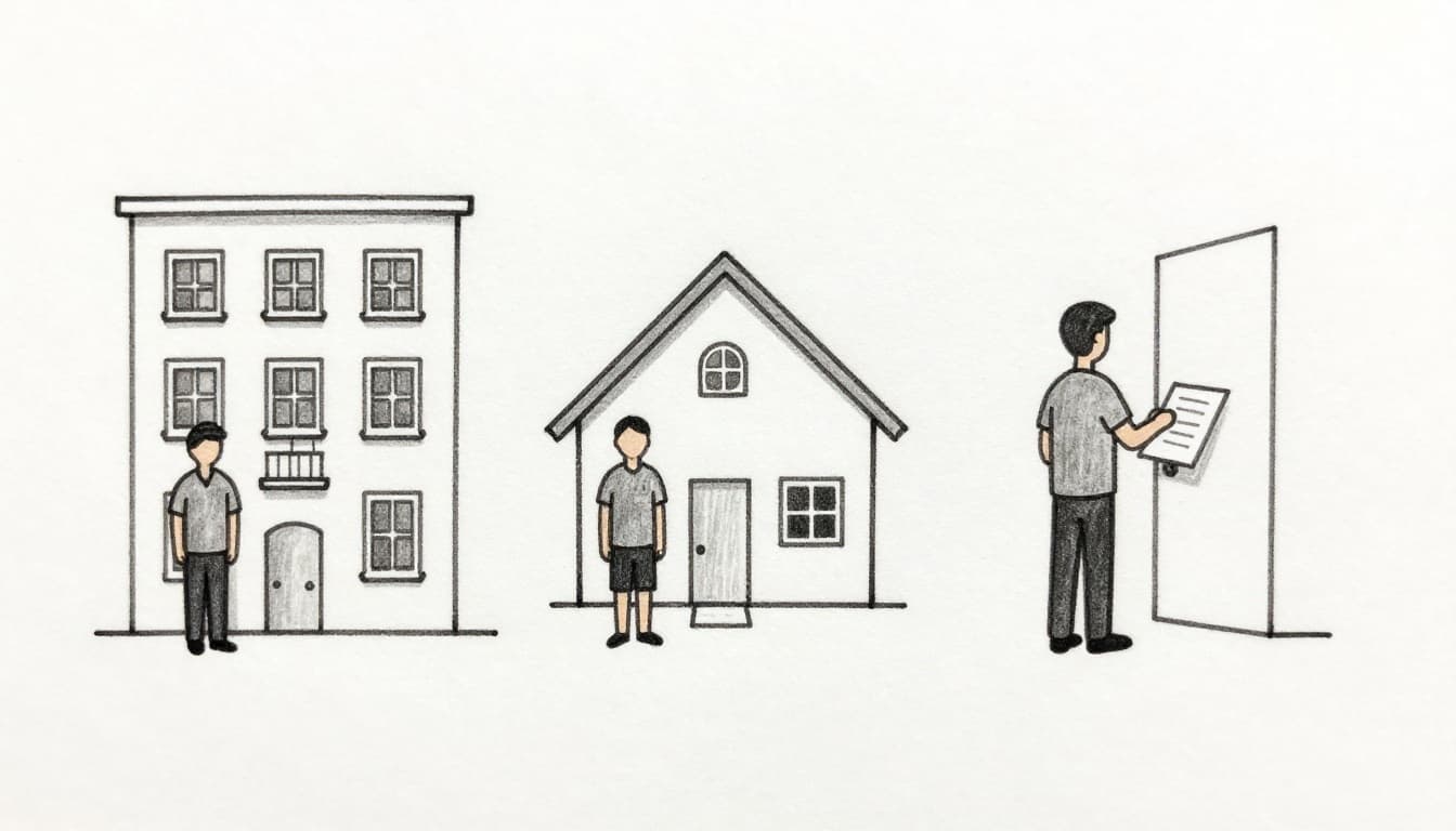 Hand-drawn graphite sketch on white paper showing three scenes: landlord by multi-family apartment building, relaxed homeowner in front of small house, tenant holding document at door.