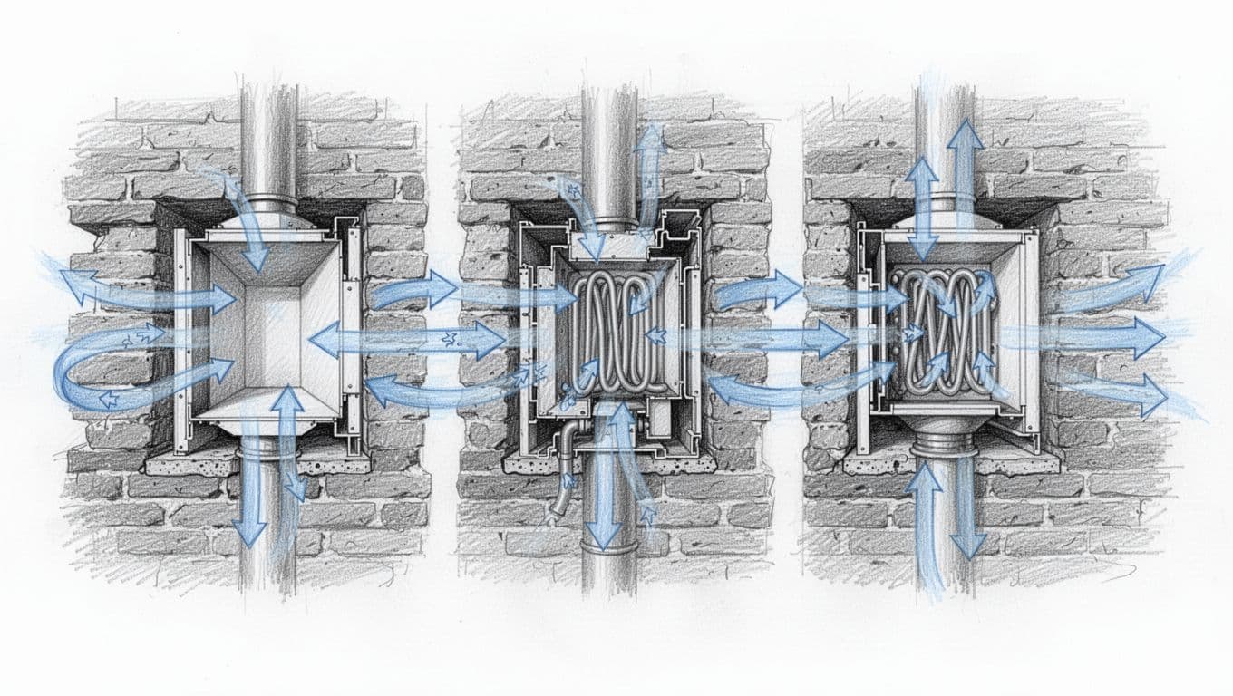 Hand-drawn graphite sketch on white paper depicting side-by-side cross-sections of Mitsubishi Lossnay, Siegenia Aerotube, and Blauberg Vento single room ventilation units installed in thick old brick Altbau walls, with subtle airflow arrows for fresh air in, exhaust out, and heat recovery.