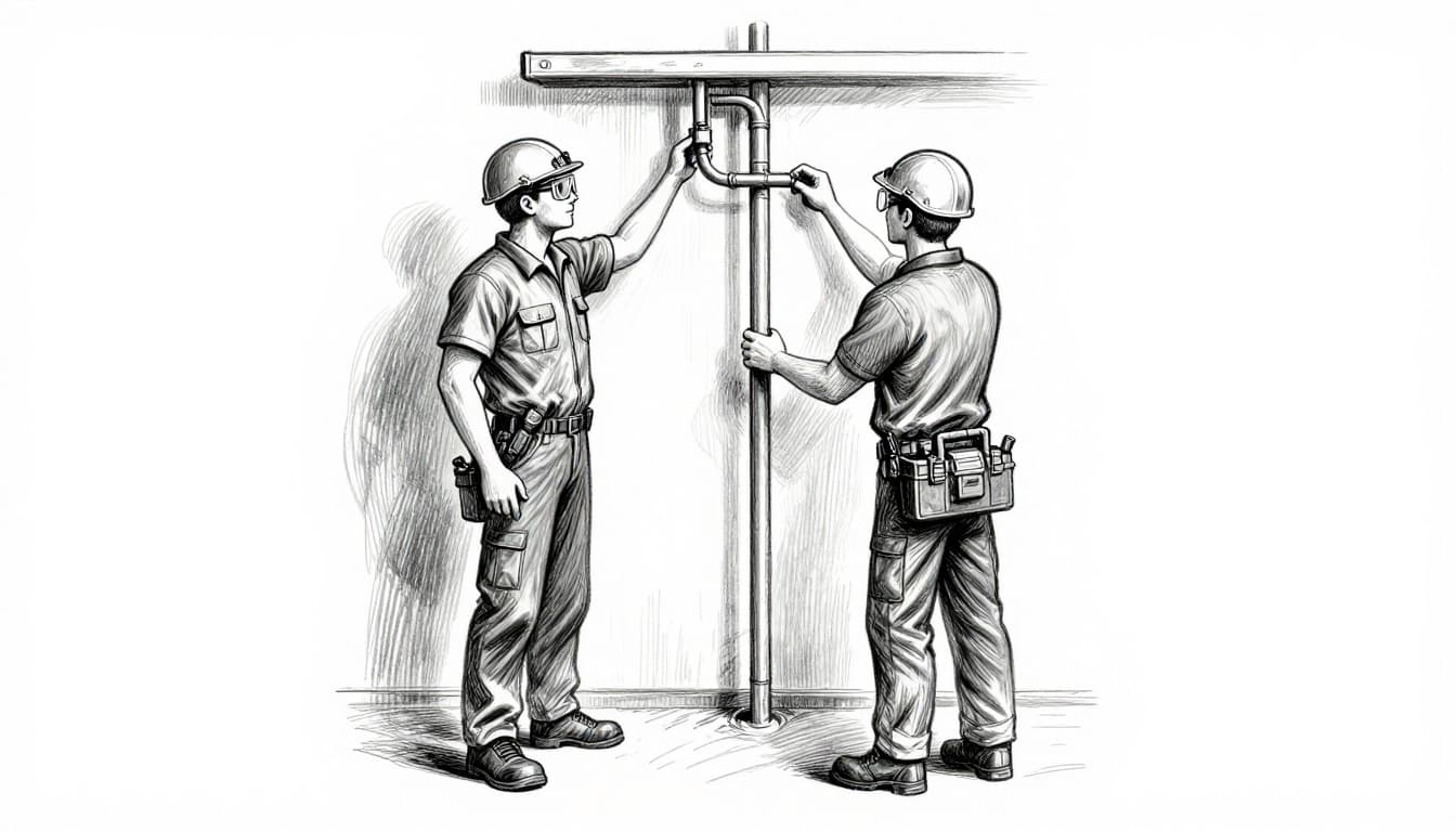 Hand-drawn graphite sketch of a qualified master installer with safety goggles and toolbox carefully checking a gas pipe and electrical distributor in a modern home room, standing naturally with one hand on the pipe.
