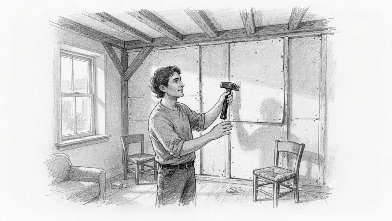 Handgezeichnete Skizze eines Mieters in kleiner Altbauwohnung, der einfach die Innenwand ohne Gerüst mit grundlegenden Werkzeugen auf kleinem Budget dämmt. Cozy Zimmer in Graphitlinienzeichnung mit leichter Schattierung auf weißem Hintergrund.