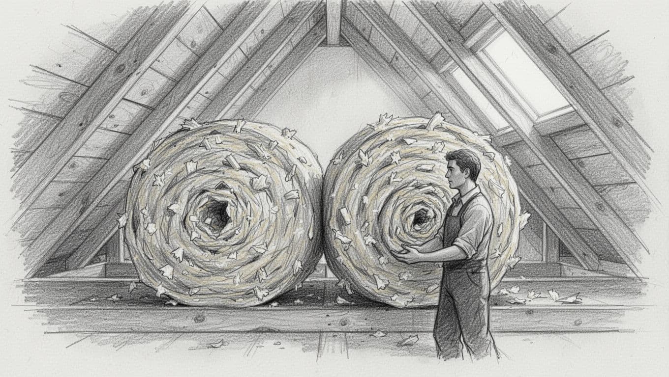Hand-drawn graphite sketch showing rolls of mineral wool and cellulose insulation side by side between wooden rafters in an attic, with subtle shading for texture differences and one person holding a roll.