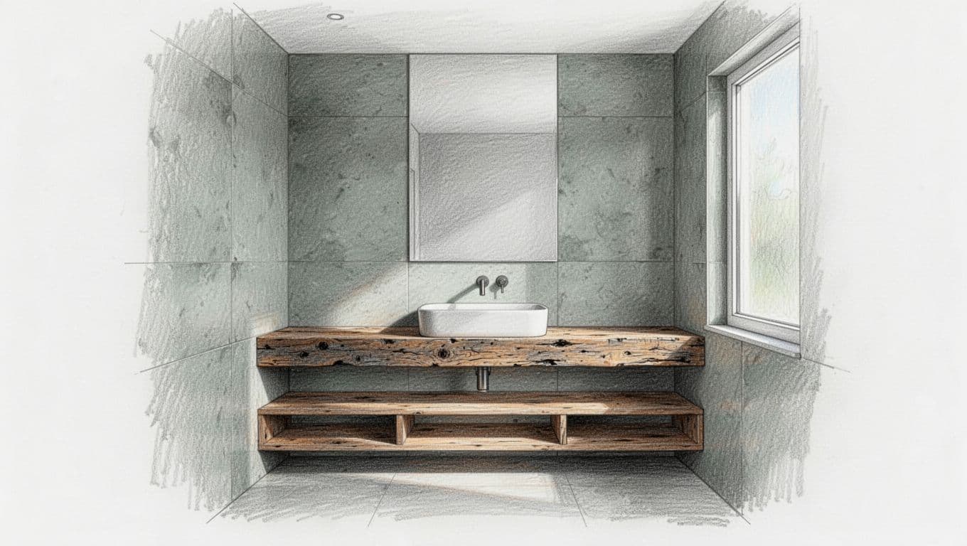 Hand-drawn graphite sketch of a modern minimalist bathroom featuring large gray-green wall panels, reclaimed wood vanity with wax finish, open shelves under floating washbasin, spa-like atmosphere with clean lines and natural elements on clean white paper.
