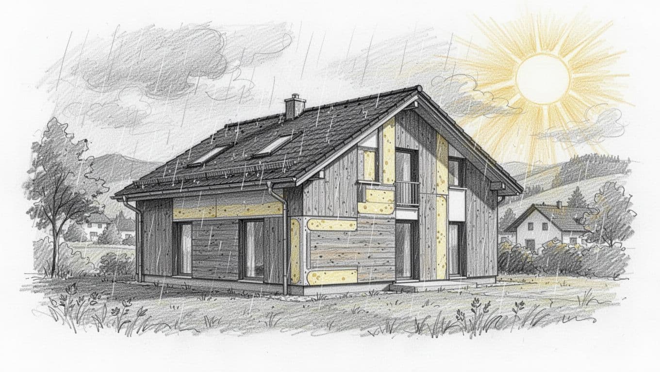 Hand-drawn graphite sketch of a modern German house exterior featuring wood cladding facade and integrated insulation, adaptable to northern rainy or southern sunny climates, on a clean white background.