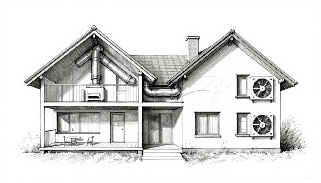 Hand-drawn graphite sketch of a modern house cross-section contrasting left-side central ventilation with ducts and heat exchanger against right-side decentralized wall-mounted units, featuring subtle air flow arrows, heat recovery indicators, simple furniture, and clean white background.