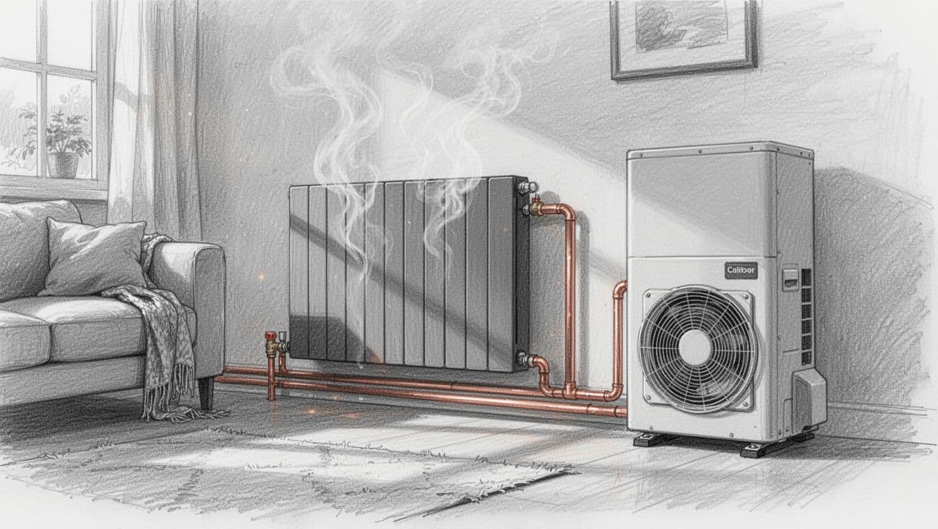 Hand-drawn graphite sketch of a sleek modern panel radiator connected via pipes to an outdoor air-source heat pump in a cozy living room, featuring subtle steam lines for low temperature flow and light shading on a clean white background.
