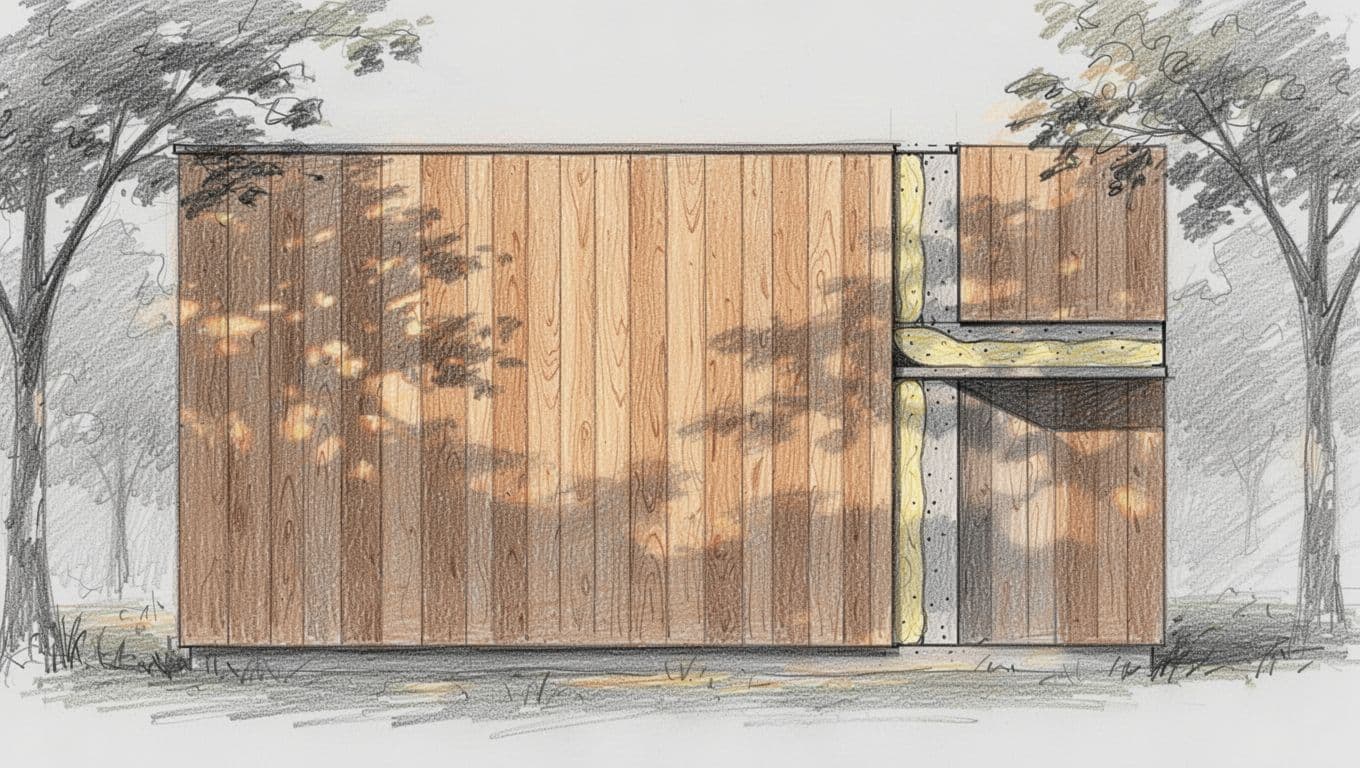 Hand-drawn graphite sketch of a modern house exterior featuring vertical wood planks in natural tones, subtle grain details, light shading, and a partial cross-section revealing the integrated insulation layer, with warm sunlight filtering through nearby trees.