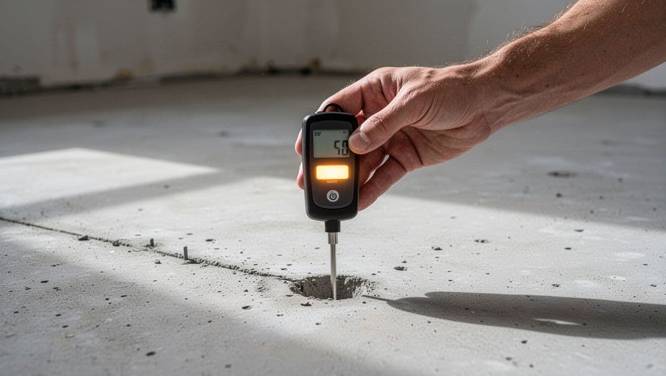 Close-up hand-drawn graphite sketch of a moisture meter probe inserted into a concrete floor slab, held by one hand, digital display showing reading, simple room background.