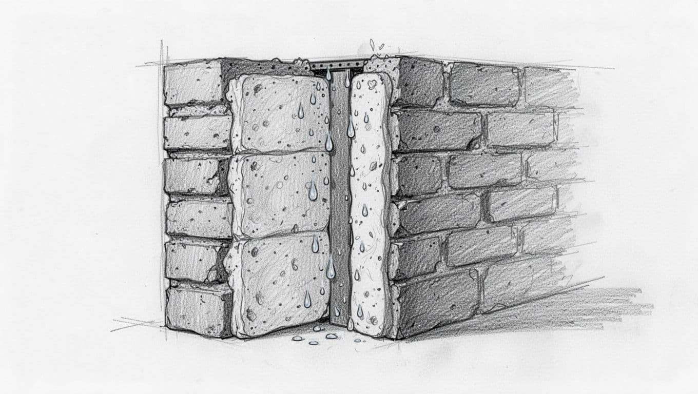 Hand-drawn sketch of old masonry wall cross-section with water droplets between inner insulation and wall.
