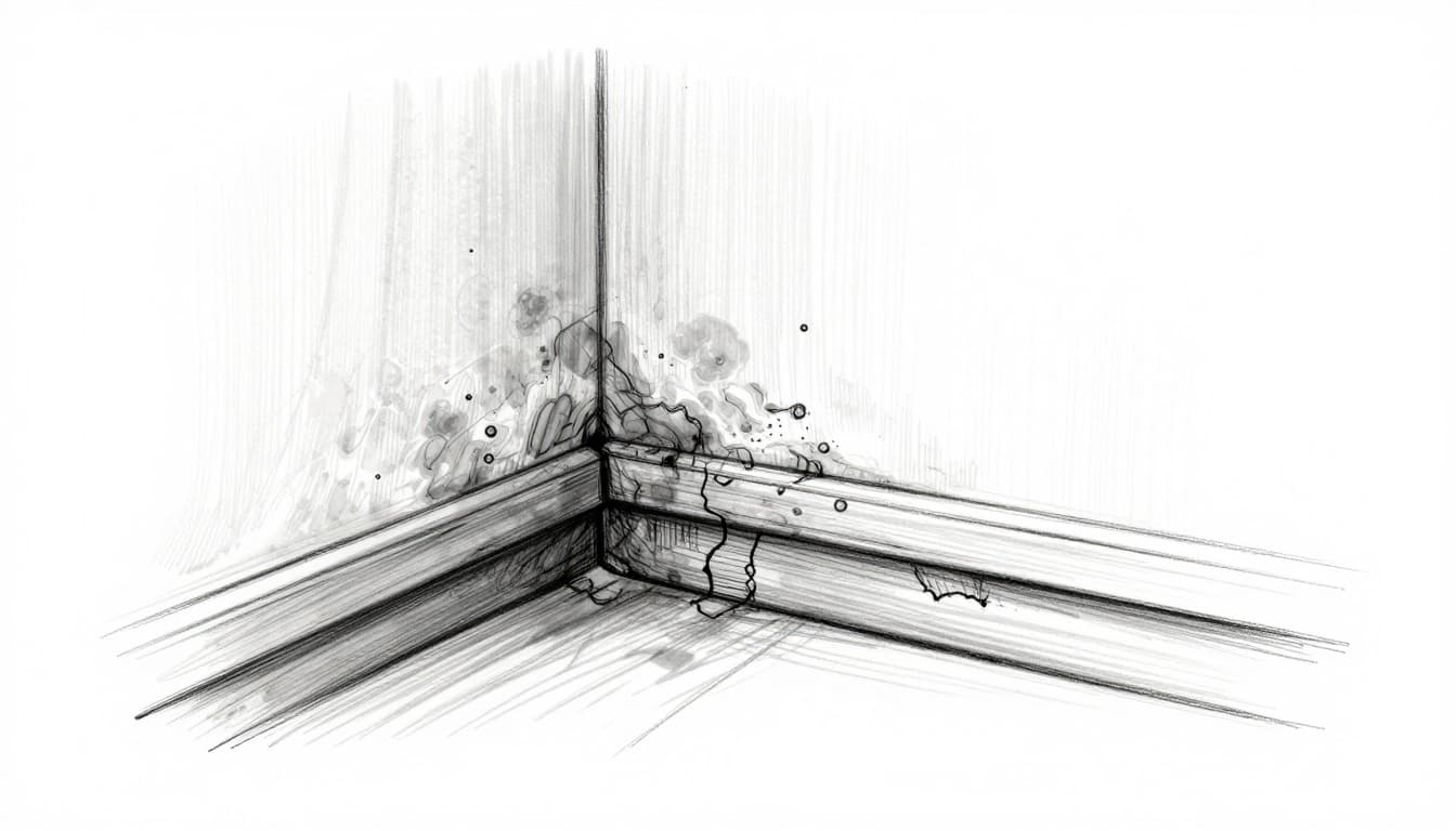 Hand-drawn graphite linework sketch of an interior wall corner in an old building showing mold patches and moisture stains from a thermal bridge, with cross-section inset revealing uninsulated cold spot and subtle shading for damp areas.