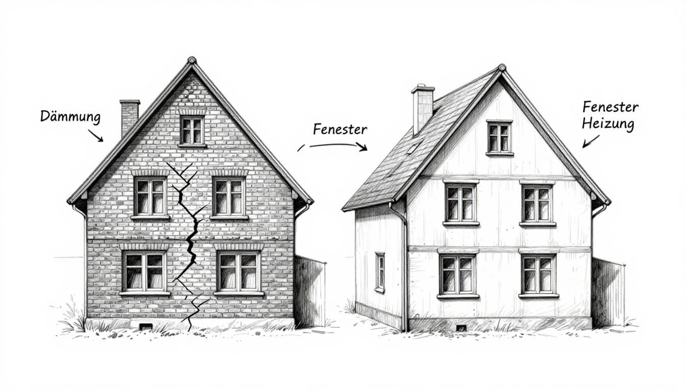 Graphite sketch of old German brick house: left uninsulated with cracks, right insulated facade new windows, timeline arrows for steps.