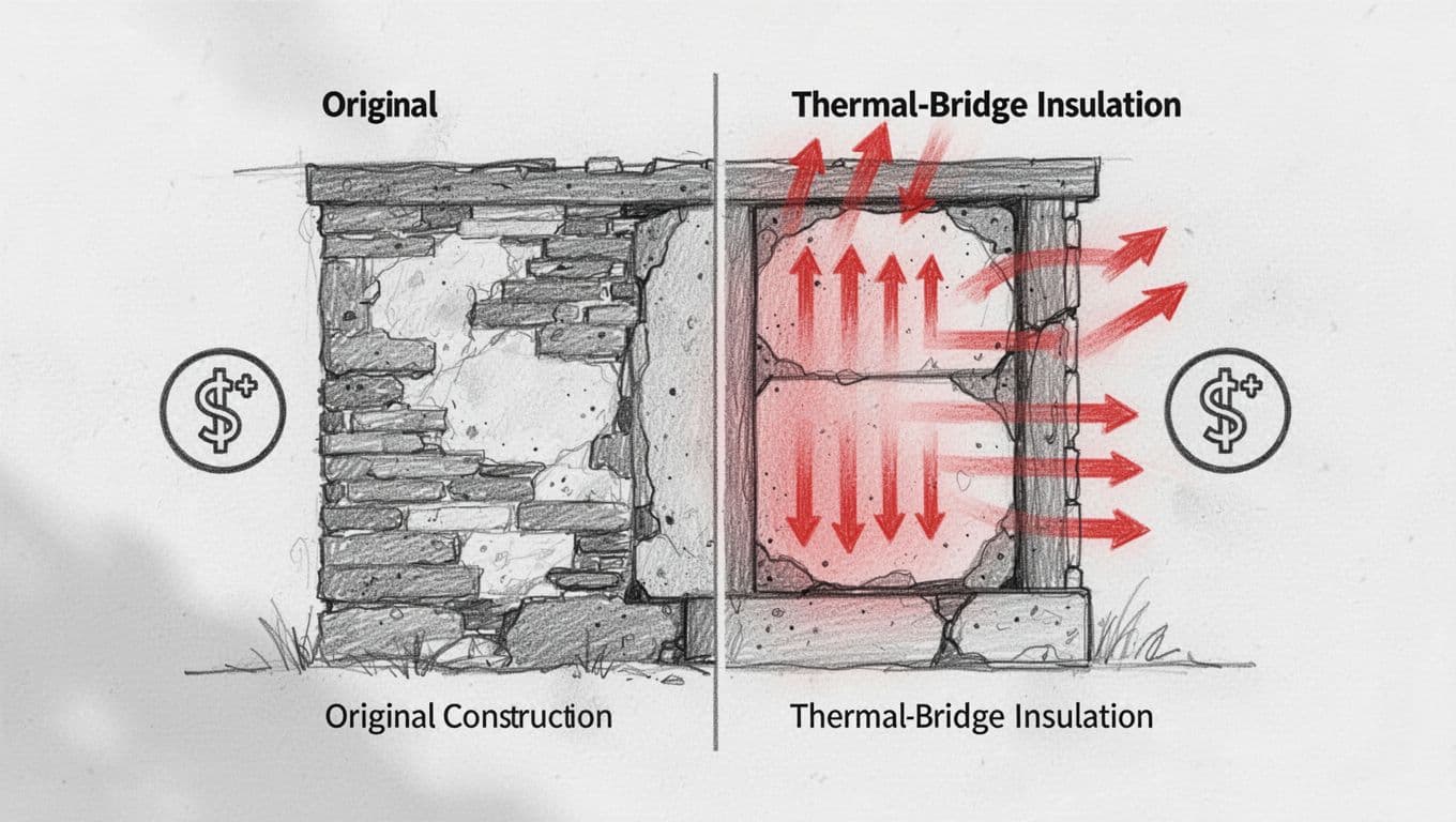 Hand-drawn graphite linework sketch of a cross-section old building wall before and after thermal bridge insulation funded by grants, with reduced heat loss arrows and stylized BAFA KfW icons on clean white background.