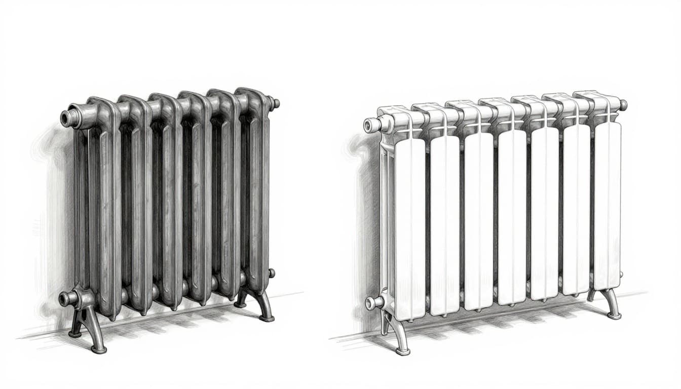 Side-by-side technical hand-drawn sketch comparing a bulky old cast iron radiator (left) with a slim efficient modern aluminum panel radiator (right), using graphite linework and light shading on a clean white background.