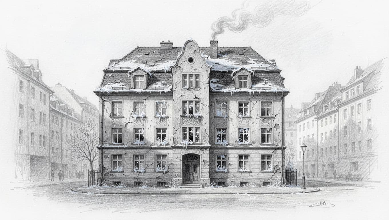 Hand-drawn graphite sketch on white paper of a typical old German Altbau multi-family house exterior in an urban setting, depicting energy inefficiency through frost on single-pane windows, smoke from an old chimney, cracked facade, and high roof.