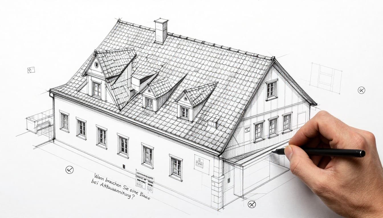 Hand-drawn graphite sketch on white paper showing a detailed architectural blueprint of an old house facade and roof under revision, with official stamps, approval icons, and an architect at a desk with a building model.