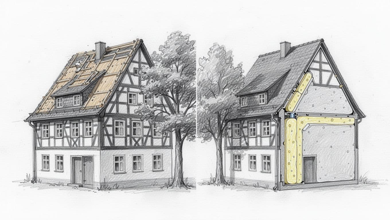 Side-by-side sketch of German old house with steep roof before and after insulation, cross-section shows added insulation, tree beside.