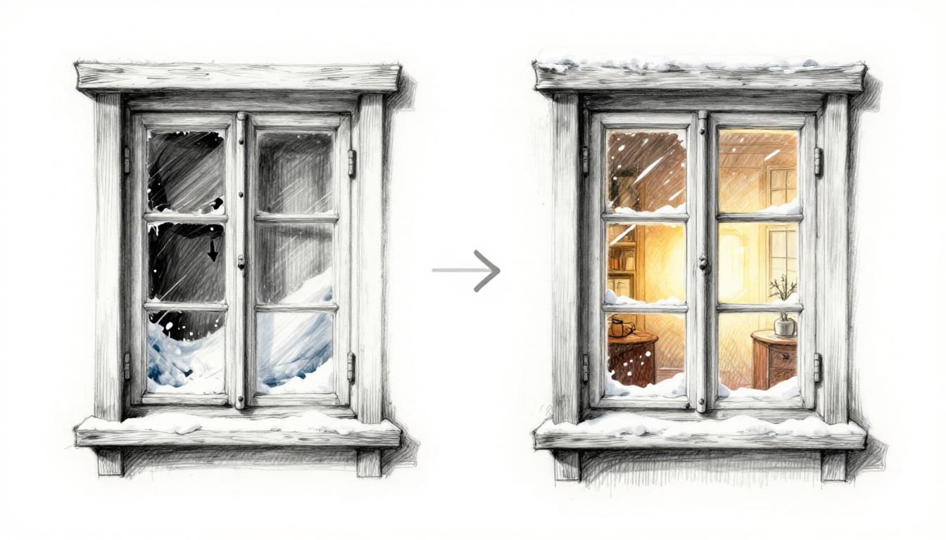 Hand-drawn graphite sketch on white background depicting side-by-side: 1980s leaky window with heat loss arrows versus 2026 triple-glazed window blocking cold, winter snow outside, cozy interior glow.