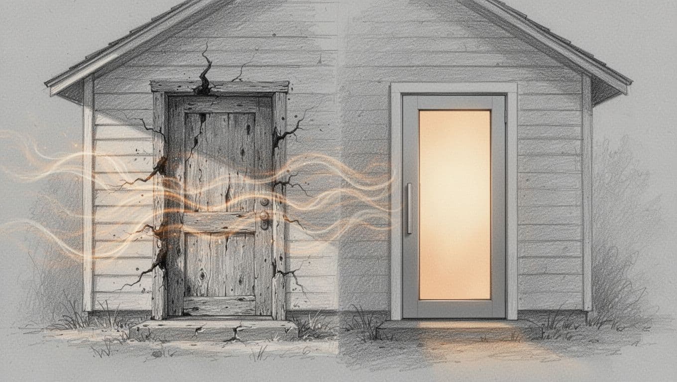 Hand-drawn graphite sketch on light gray paper showing two front doors: left old wooden door with heat escaping through cracks (high Ud-value), right modern insulated door with no heat loss (low Ud-value).