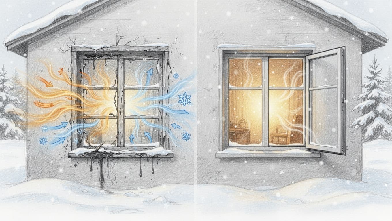Hand-drawn graphite sketch on white background showing side-by-side: old leaky window with warm air escaping and cold entering in winter snow; modern insulated window retaining heat inside with warm glow.