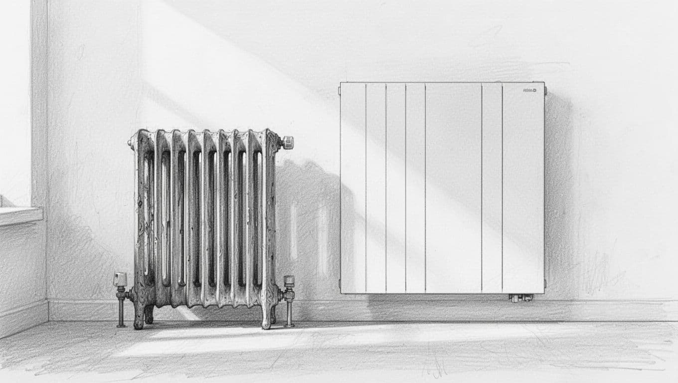 Side-by-side hand-drawn sketch of compact old high-temperature radiator and large low-temperature radiator.