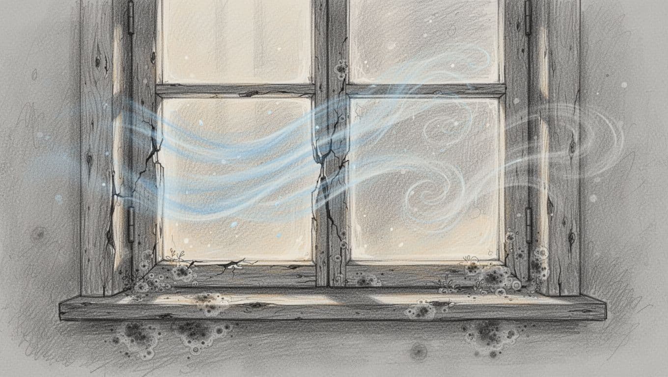 Hand-drawn graphite sketch of an old wooden house window depicting heat loss as blue wavy lines escaping through frame gaps, incoming cold draft, and light mold stains at the bottom edge on a clean white background.