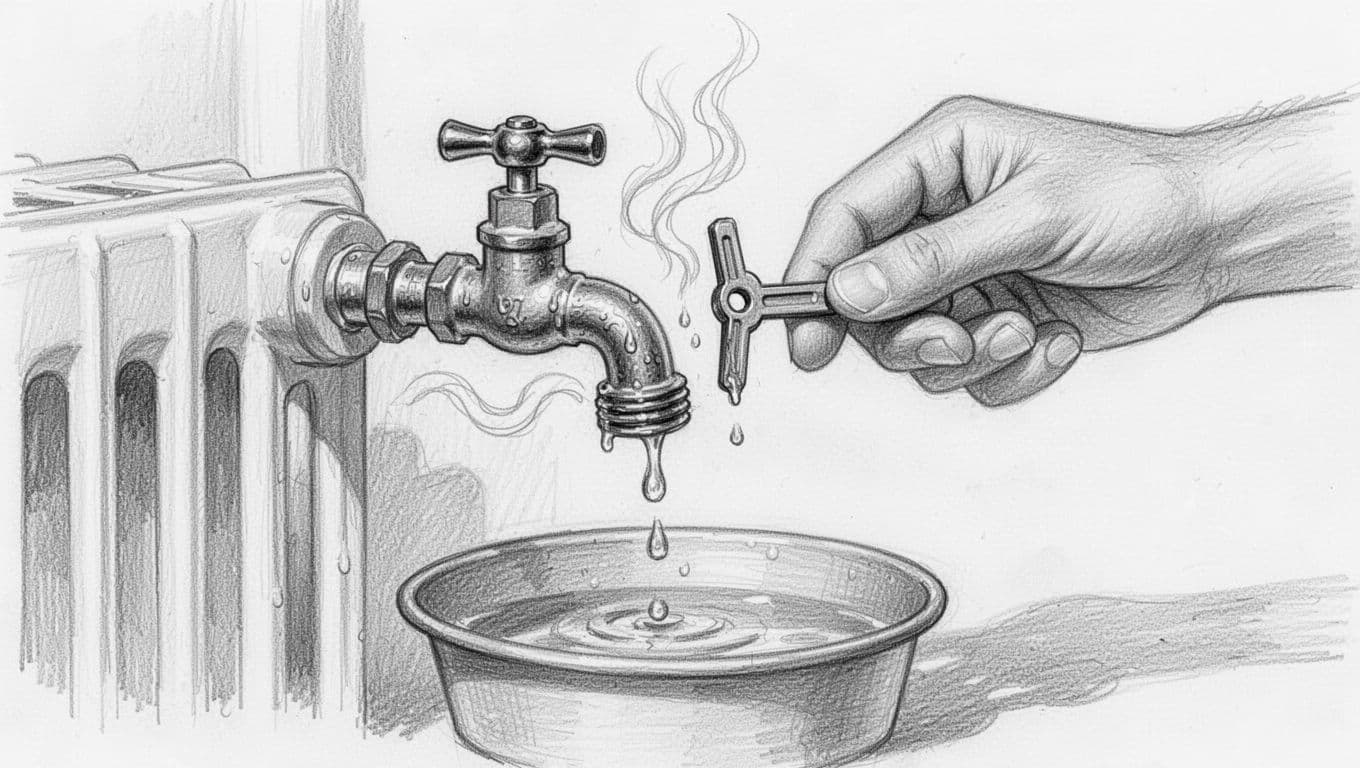 Hand-drawn graphite sketch of a close-up view showing a hand using an entlüftungsschlüssel (radiator bleed key) to open a classic radiator vent valve counterclockwise, with a shallow container underneath catching emerging water drops and wavy lines depicting hissing escaping air.