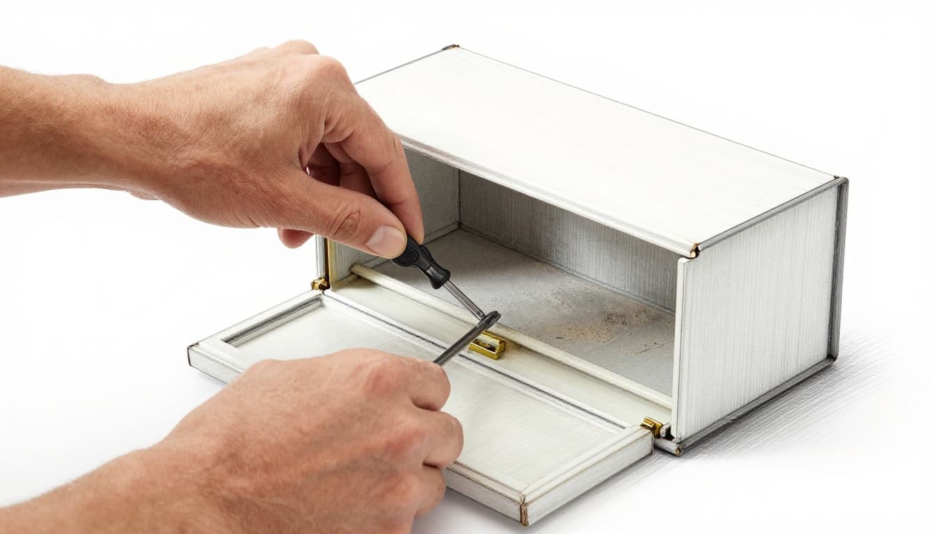 Close-up hand-drawn graphite sketch of a person carefully opening the front cover of an old roller shutter box above a window using a screwdriver, with dust visible inside, in a home interior.