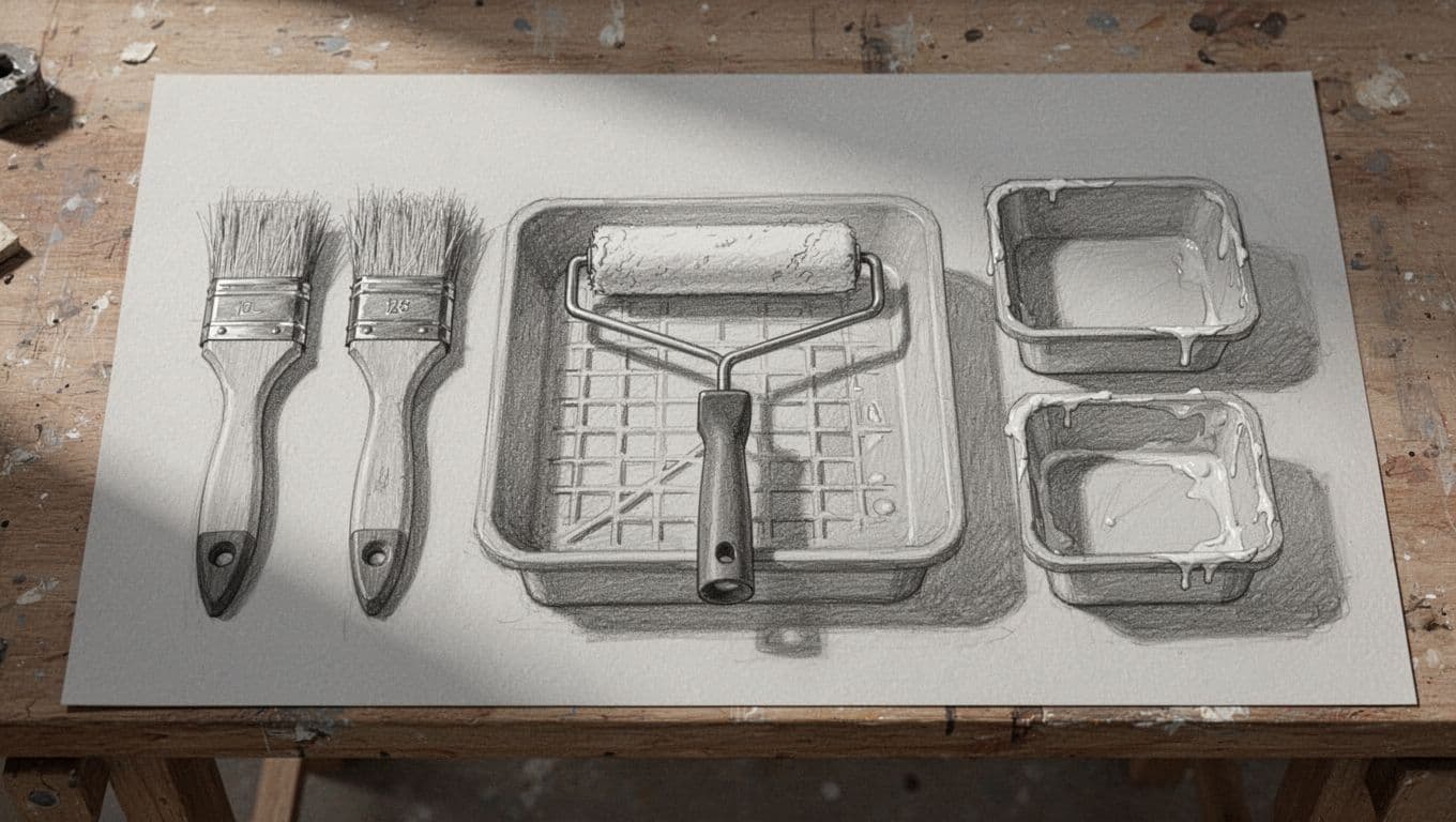 Hand-drawn graphite sketch on light gray paper featuring exactly three painting brushes, one roller tray grid, and two paint trays arranged on a workbench for ceiling edges and corners, with light shading and simple composition.