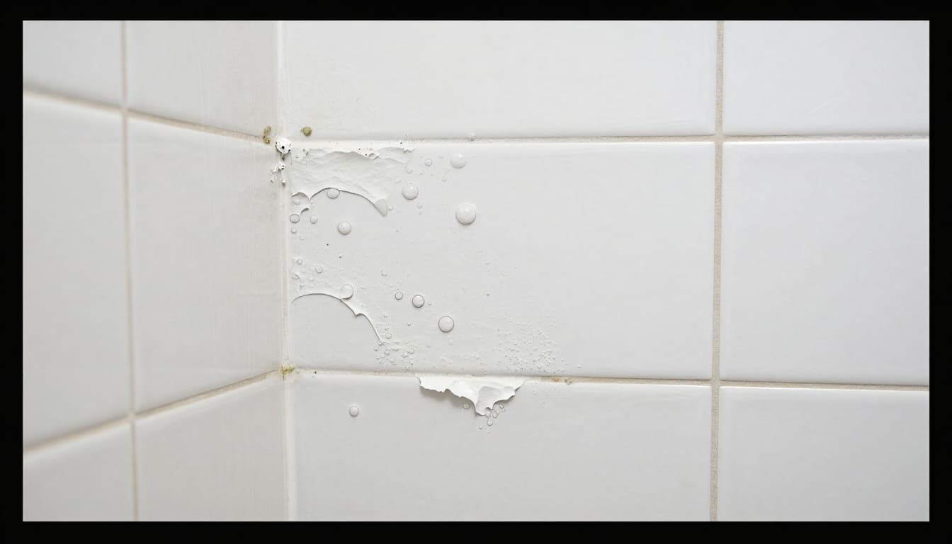 Hand-drawn graphite sketch of peeling paint on bathroom wall tiles due to moisture, showing bubbles, flaking revealing old tile underneath, damp corner with mild mold spots, and simple shower area in background.