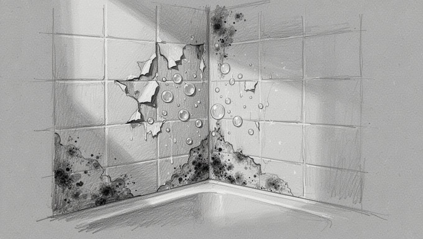 Hand-drawn graphite sketch showing common mistakes on painted bathroom tiles: peeling paint bubbles in shower, black mold in corners, and damp walls revealing old tiles in a simple bathroom setting.