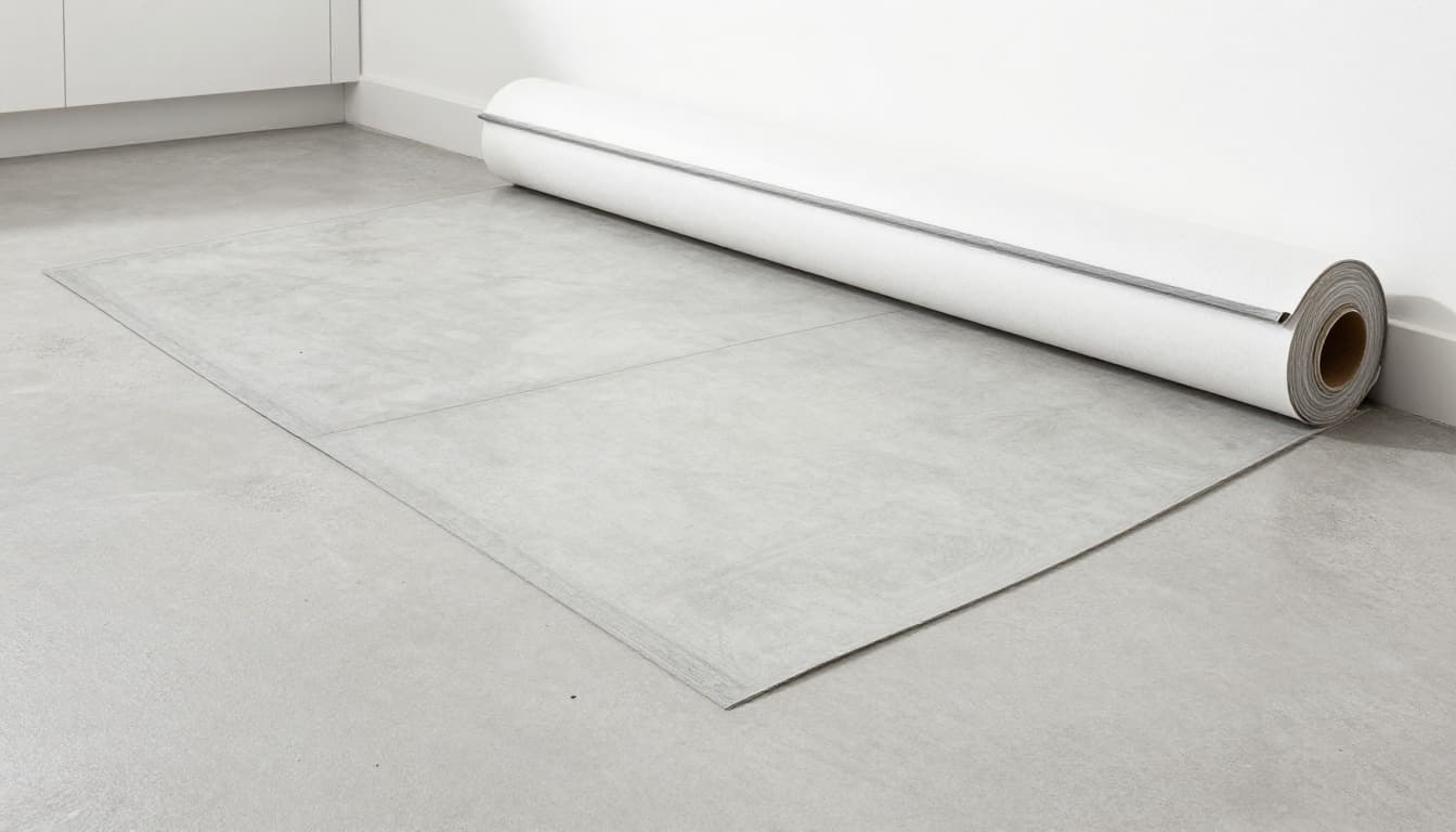 Hand-drawn graphite sketch of close-up vinyl flooring seamlessly adhered flat to a perfectly level concrete estrich floor in a modern kitchen, with light edge shading and clean white background.