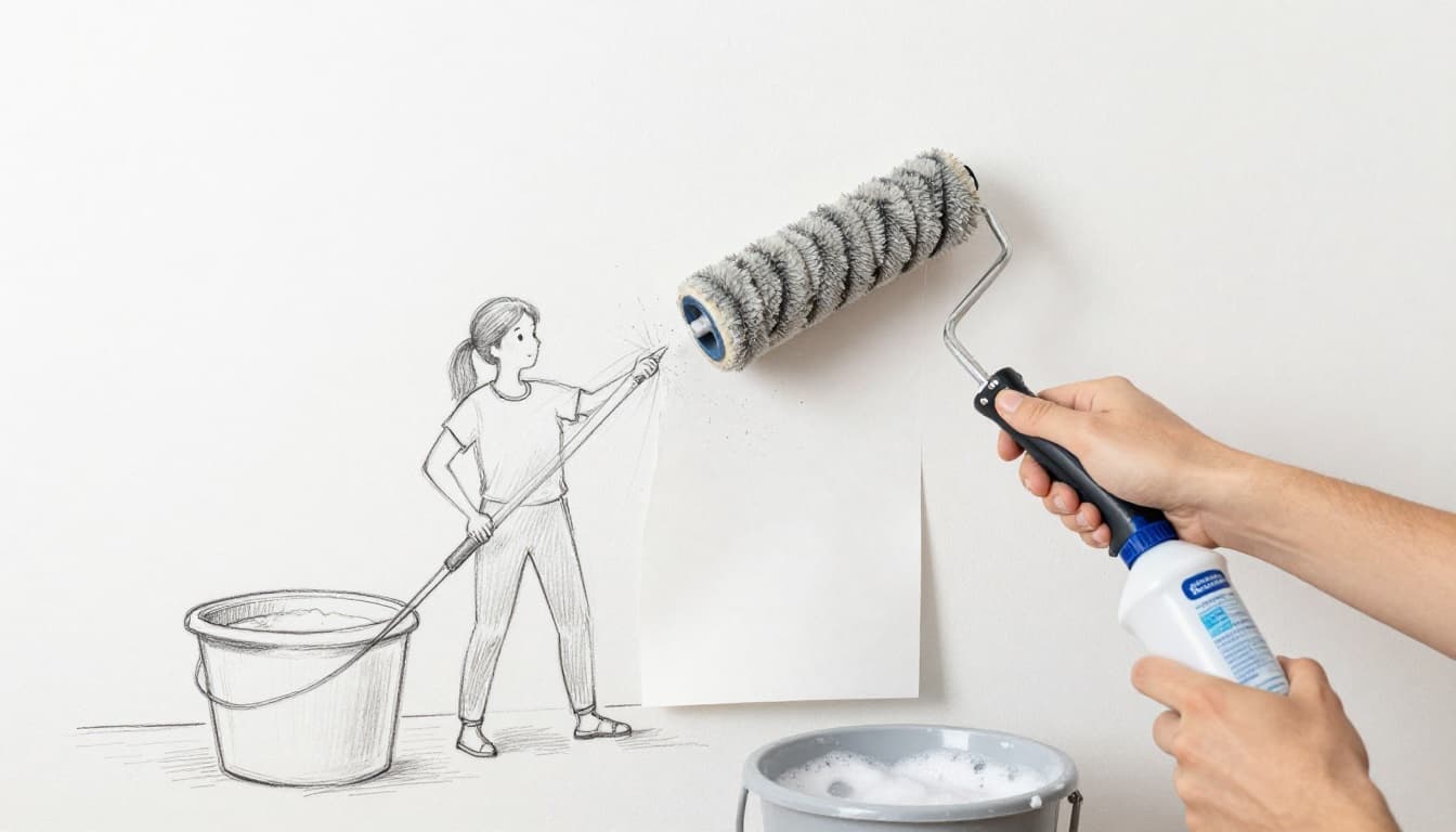 Hand-drawn graphite sketch depicting one person perforating wallpaper with a spiked roller, spraying water from a bottle, and peeling it with a scraper, with a bucket of soapy water nearby in a simple room interior.