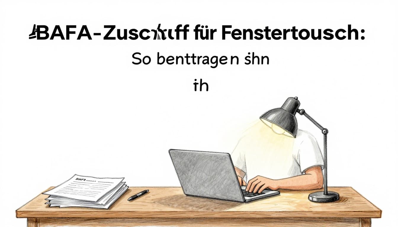 Hand-drawn graphite sketch on white background showing one person at a wooden desk using a laptop for online BAFA funding application, with stack of documents, pen, and cozy lamp.