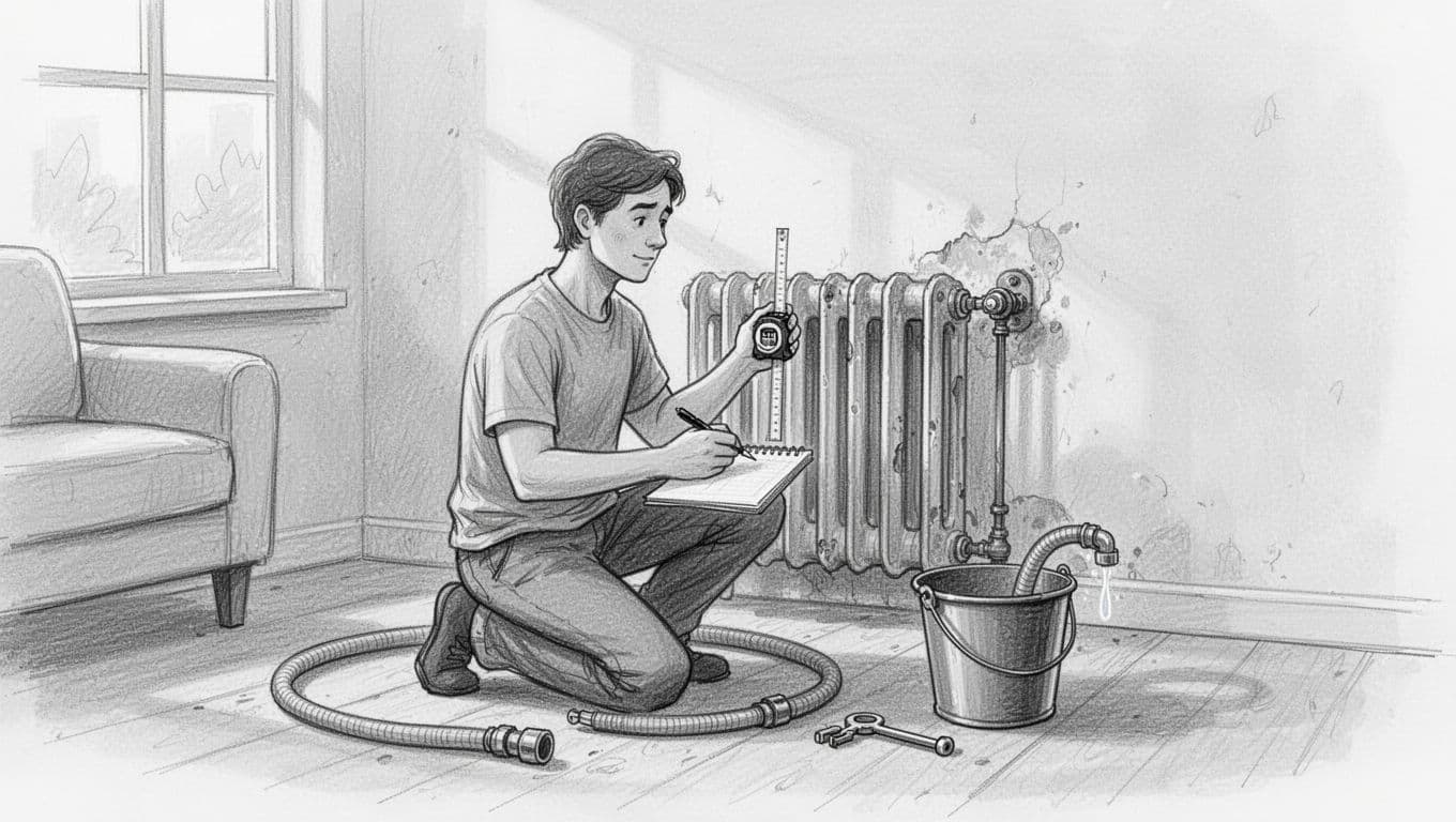Hand-drawn graphite sketch of one person kneeling in a simple living room before an old wall-mounted cast iron radiator, measuring height and width with a tape measure in right hand while holding notepad and pen on knee. Nearby drain hose, bucket, and valve key prepare for water draining, featuring thin linework and light shading on clean white background.