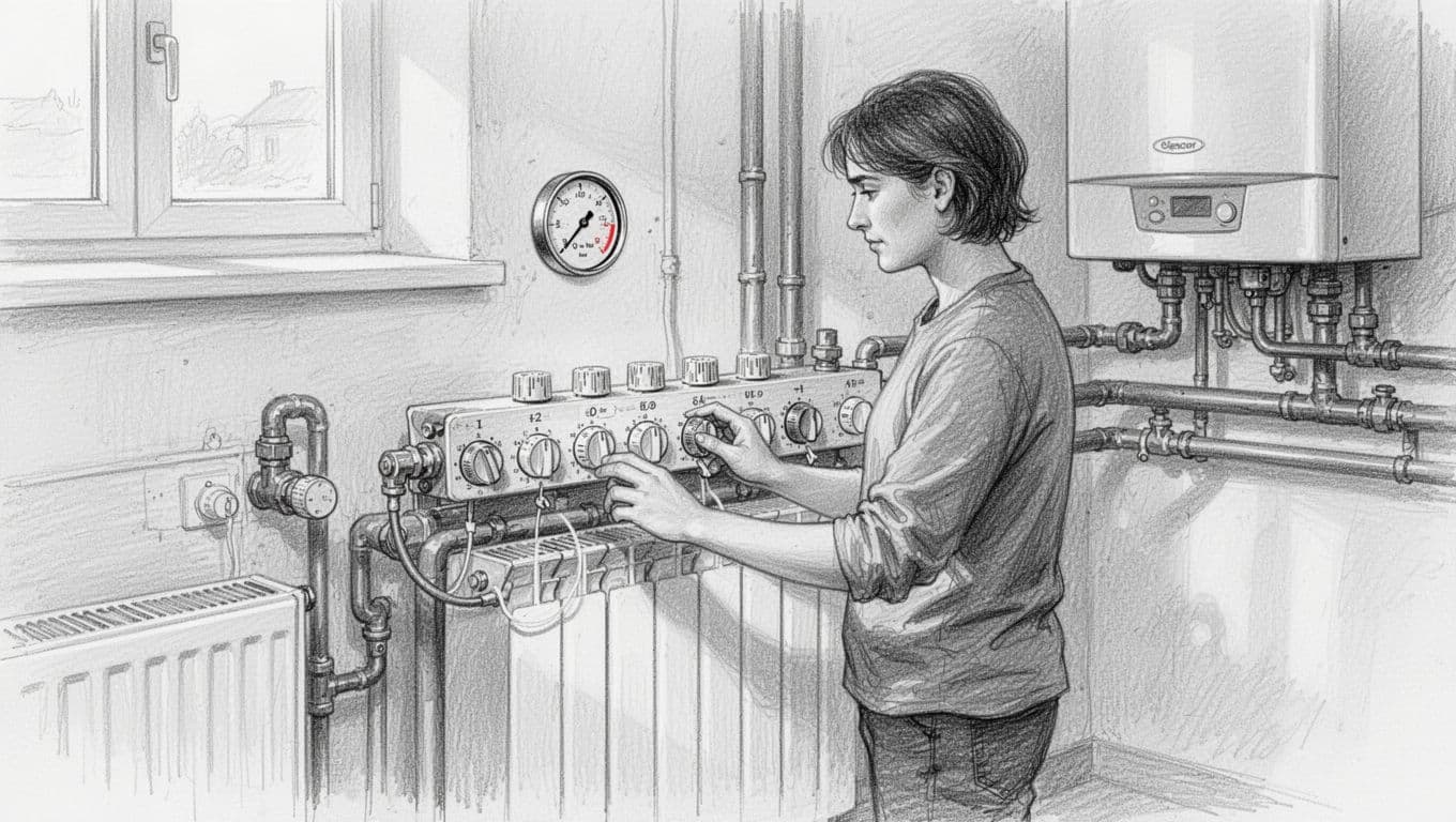 Graphite sketch on white paper showing a person turning radiator thermostats to maximum position 5 and checking boiler pressure gauge at 1.5 bar, with light shading and thin linework.