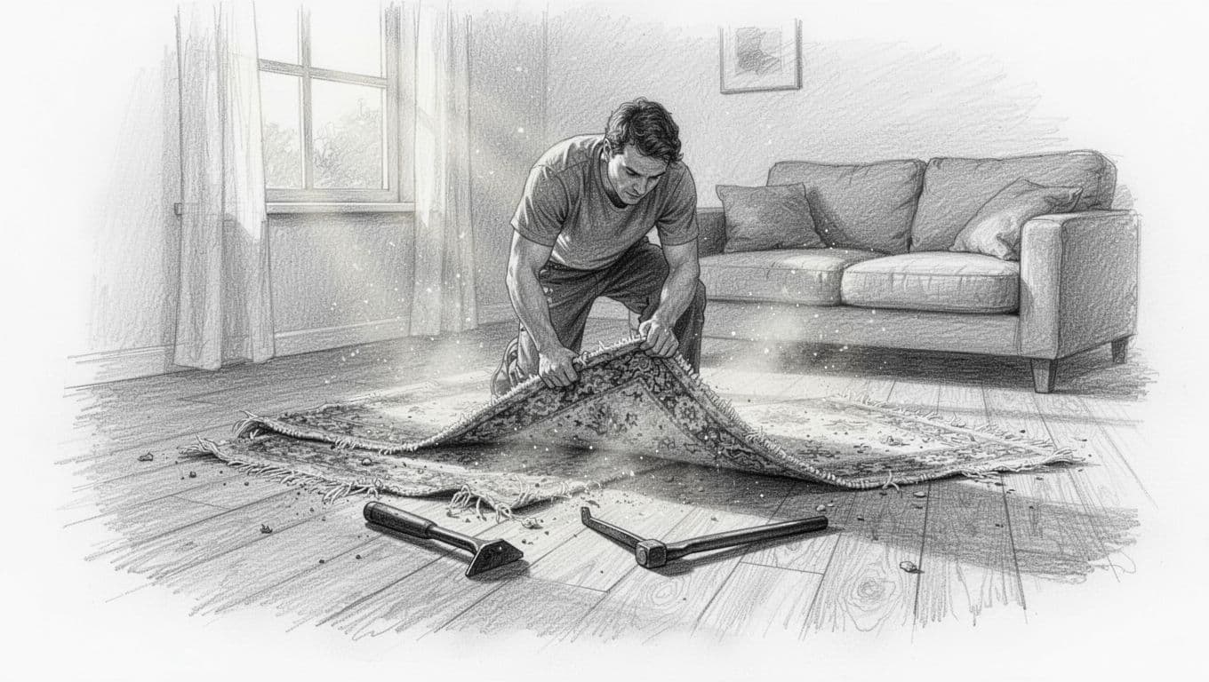 A hand-drawn graphite sketch of one person using a pry bar to remove old carpet from a wooden floor in a living room, with dust in the air and light shading on a clean white paper background.
