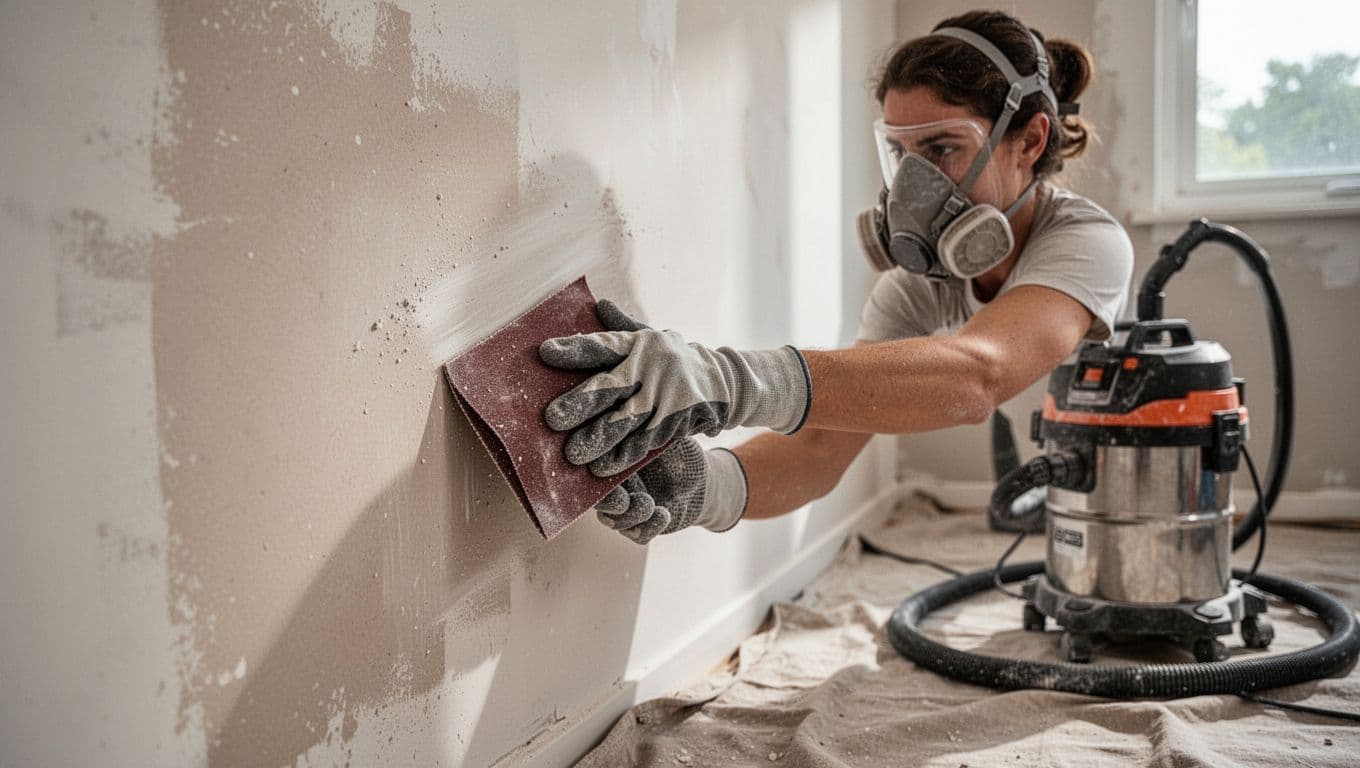 Hand-drawn graphite sketch depicting one person sanding a wall smooth after removing wallpaper glue, using a sanding block, wearing dust mask and gloves, with vacuum and drop cloth nearby.