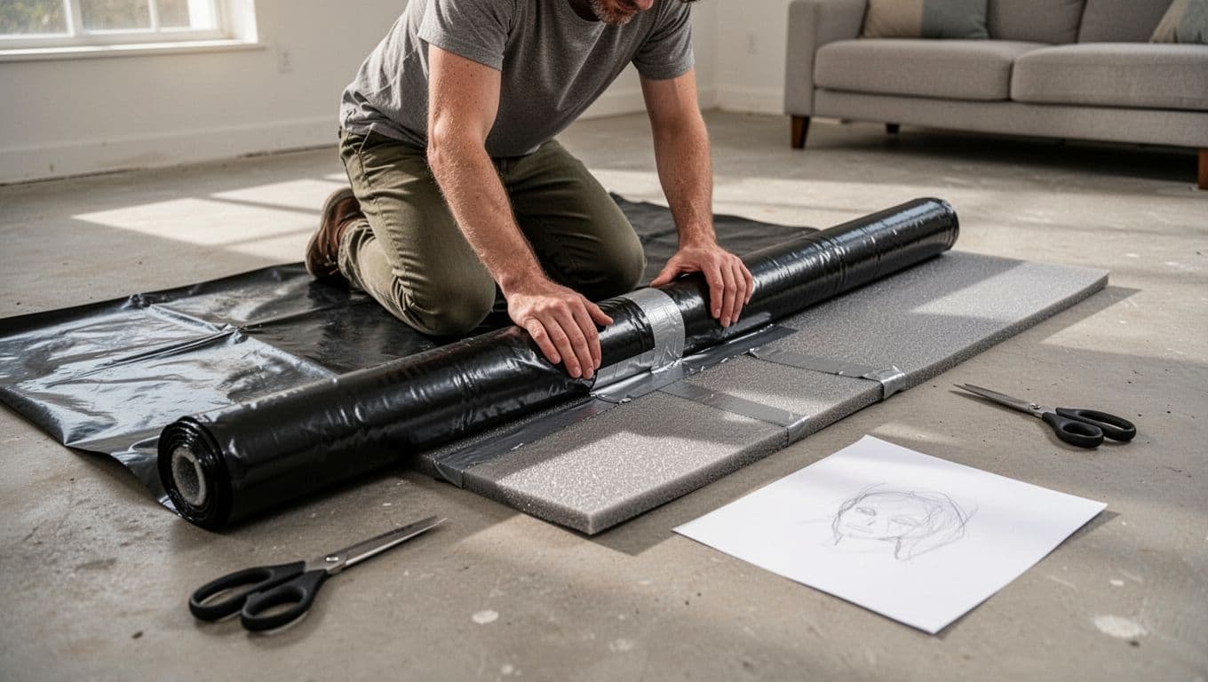 A person kneeling on a concrete floor unrolls black PE dampfsperre foil and gray foam underlay sheets side by side, overlapping edges by 20 cm and sealing seams with duct tape in a hand-drawn graphite sketch.