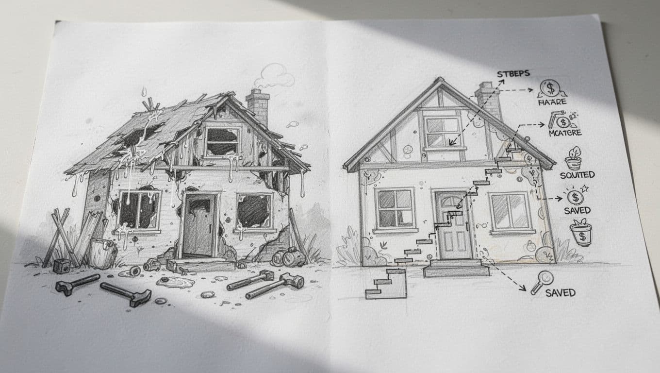 Hand-drawn graphite sketch contrasting two houses on white paper: left with spontaneous fixes, scattered tools, and leaks; right with structured iSFP plan, step-by-step roadmap, and savings. Clean linework, light shading, white background.