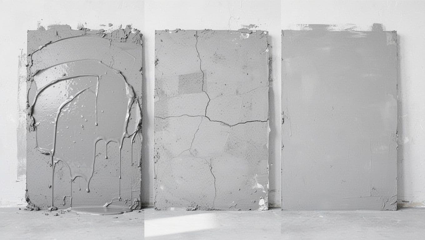 Hand-drawn graphite sketch comparing drying stages of plastered walls: left fresh wet plaster, middle partially dry, right fully dry smooth wall ready for painting, with icons for time, temperature, humidity on clean white background.
