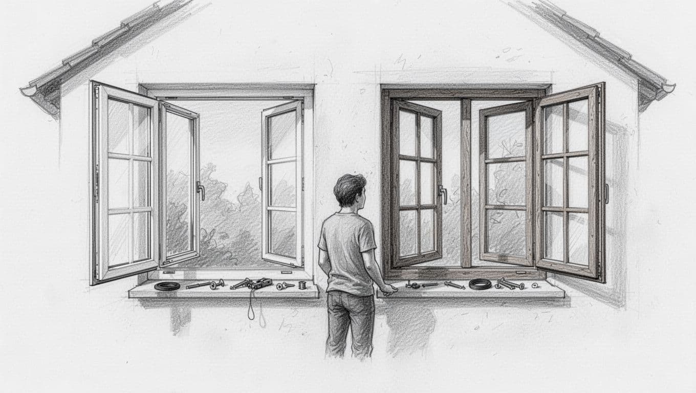 Hand-drawn graphite pencil sketch on white paper comparing a modern open plastic window and a traditional open wooden window side-by-side in a German single-family house, with installation tools like screws and seals nearby and one person examining them.