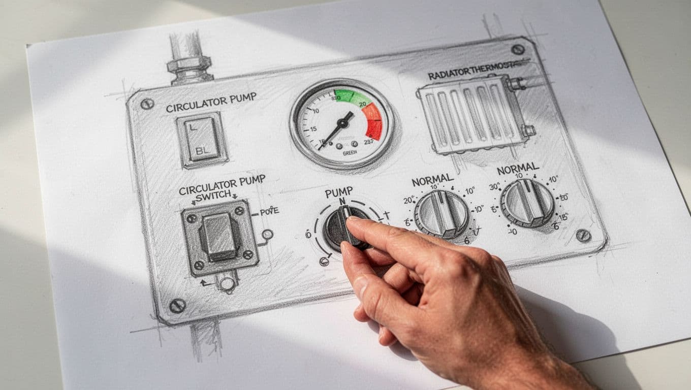 Hand-drawn graphite sketch on white paper depicting post-bleed steps: boiler control panel with circulator pump switch on, pressure gauge in 1.5-2 bar green zone, and radiator thermostats set to normal.