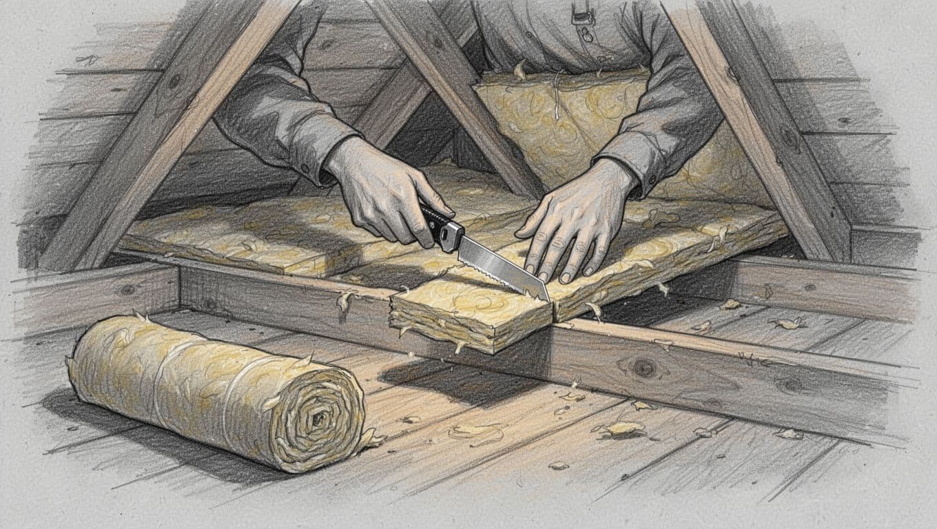Hand-drawn graphite sketch of one person in a cozy attic precisely cutting mineral wool insulation with a utility knife for a tight fit between wooden rafters, avoiding gaps and thermal bridges.