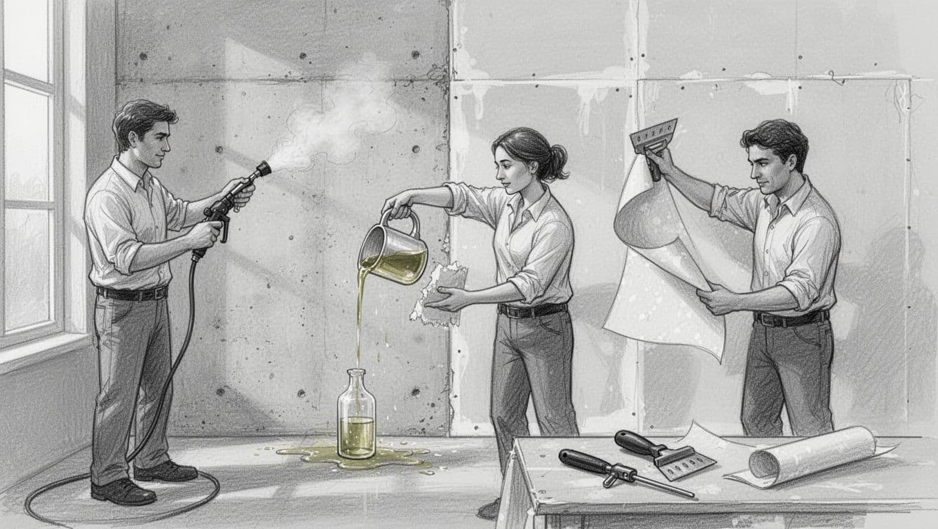 Hand-drawn graphite sketch depicting three professionals demonstrating safe wallpaper removal techniques: using a steam device on concrete, applying vinegar solution on plaster, and dry peeling with a plastic scraper on gypsum board, with tools nearby in a simple room.