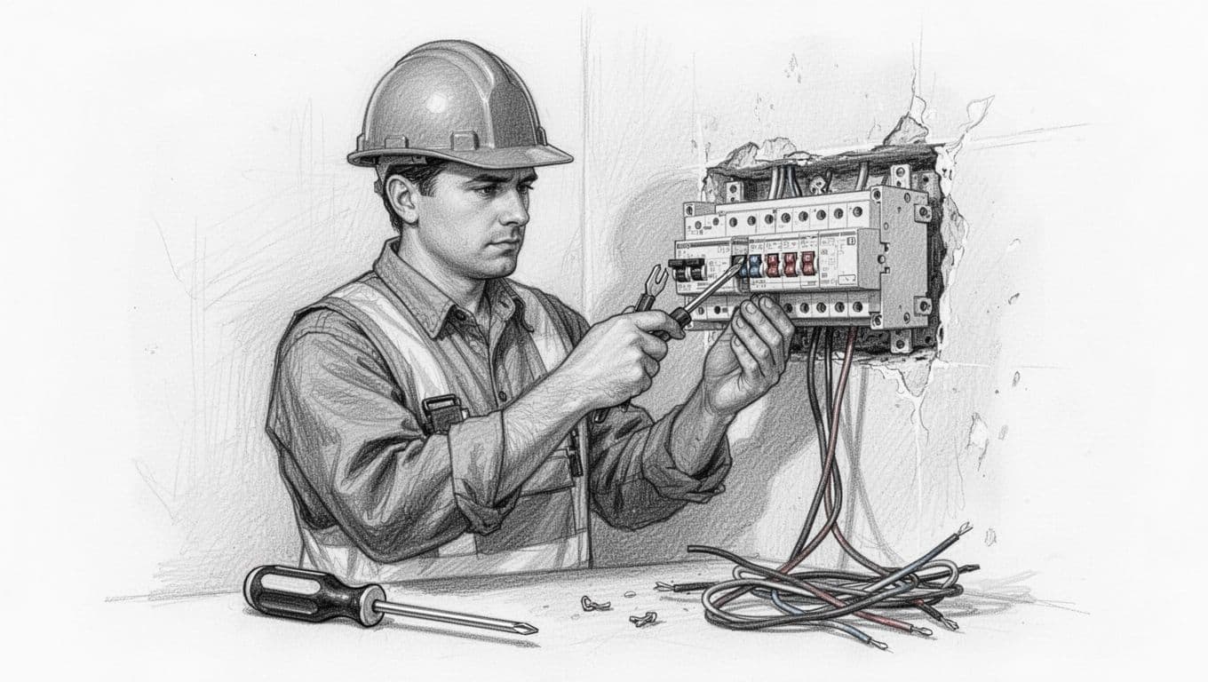 Hand-drawn graphite sketch of a professional electrician wearing safety gear installing a fuse box or wiring a socket in a home wall, tools nearby, focused pose, light shading on clean white background.